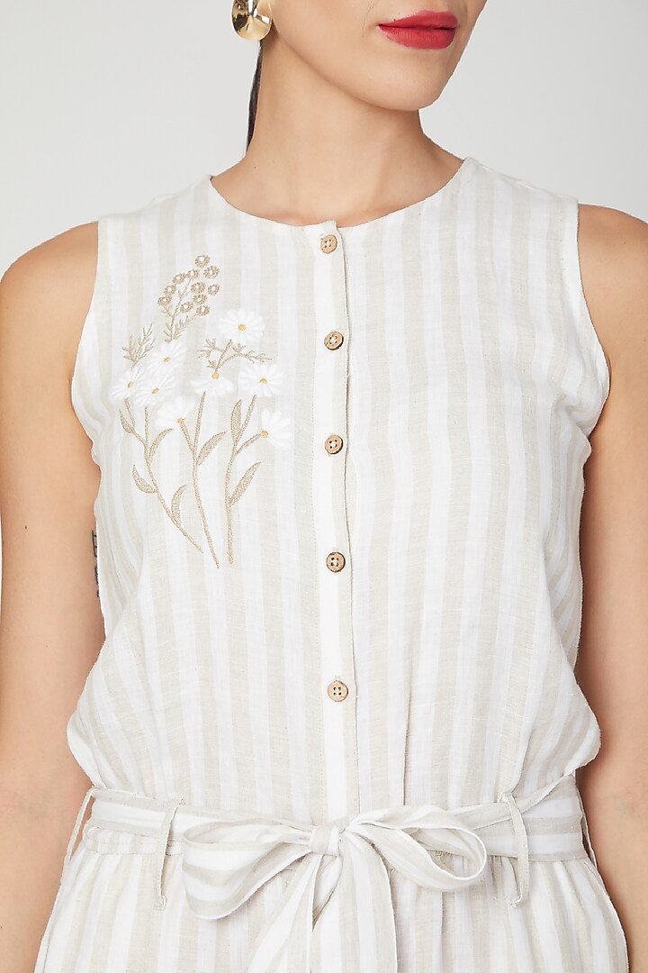 Beige Floral Embroidered Jumpsuit by Linen Bloom at Pernia's Pop Up Shop