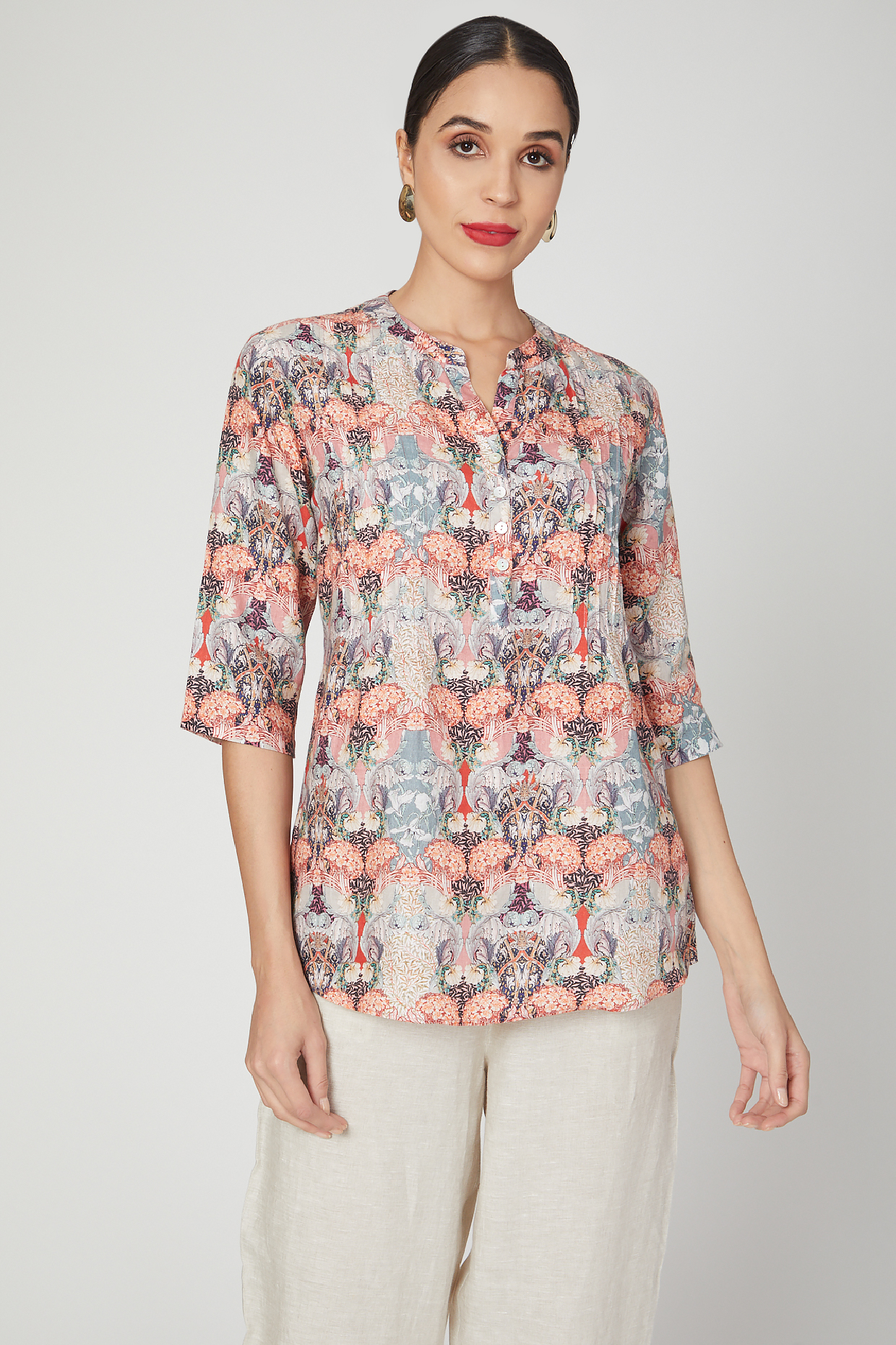 Bronze Pleated & Printed Blouse by Linen Bloom at Pernia's Pop Up Shop