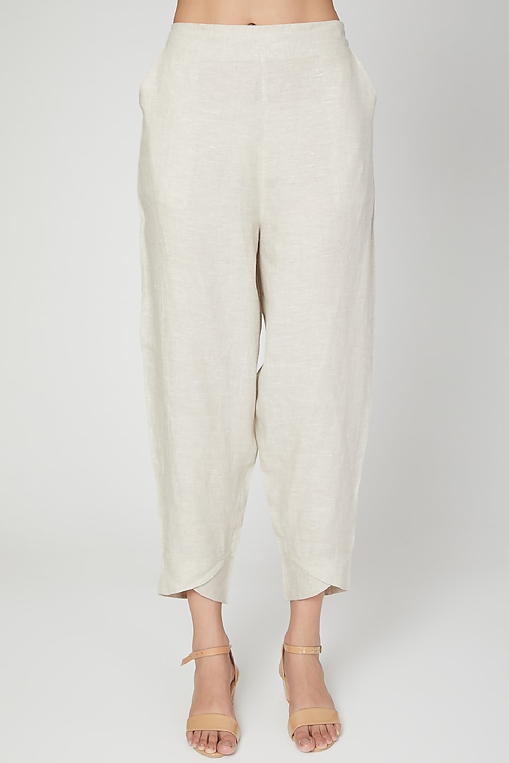Beige Crossover Elasticated Pants by Linen Bloom