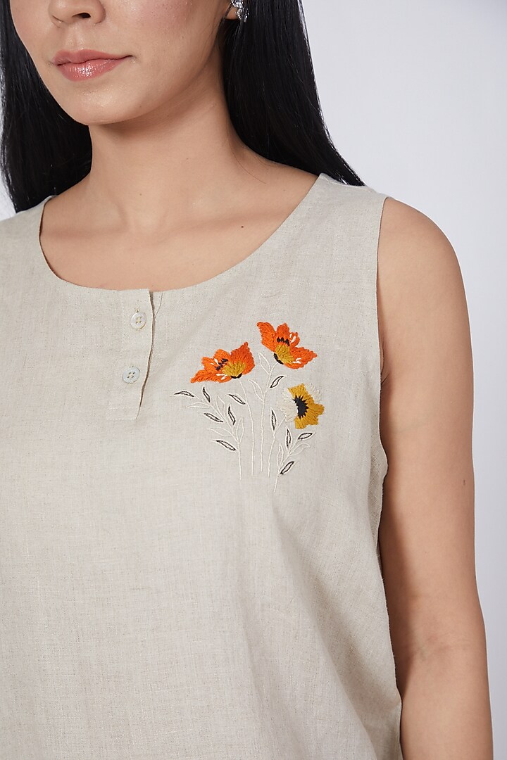 Beige Embroidered Top by Linen Bloom at Pernia's Pop Up Shop