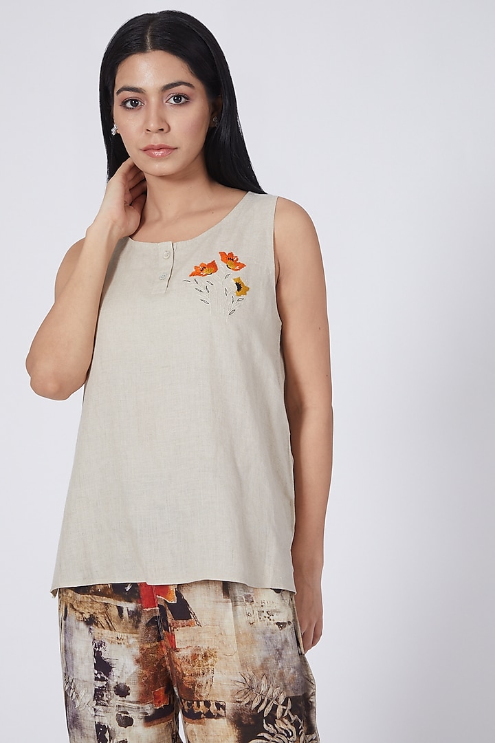 Beige Embroidered Top by Linen Bloom