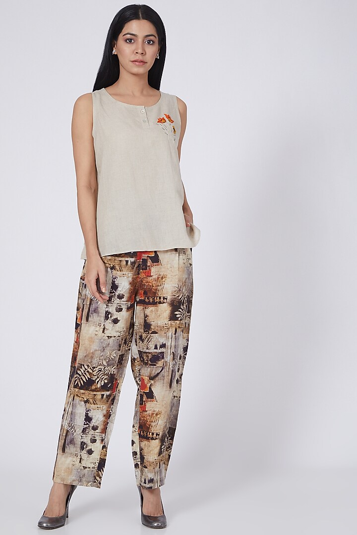 Brown Digital Printed Pants by Linen Bloom at Pernia's Pop Up Shop