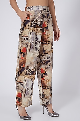 Brown Digital Printed Pants by Linen Bloom