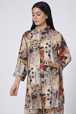 Brown Digital Printed Shirt by Linen Bloom