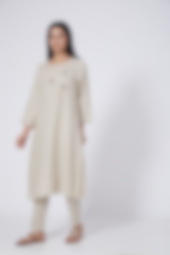 Beige Hand Embroidered Long Tunic by Linen Bloom