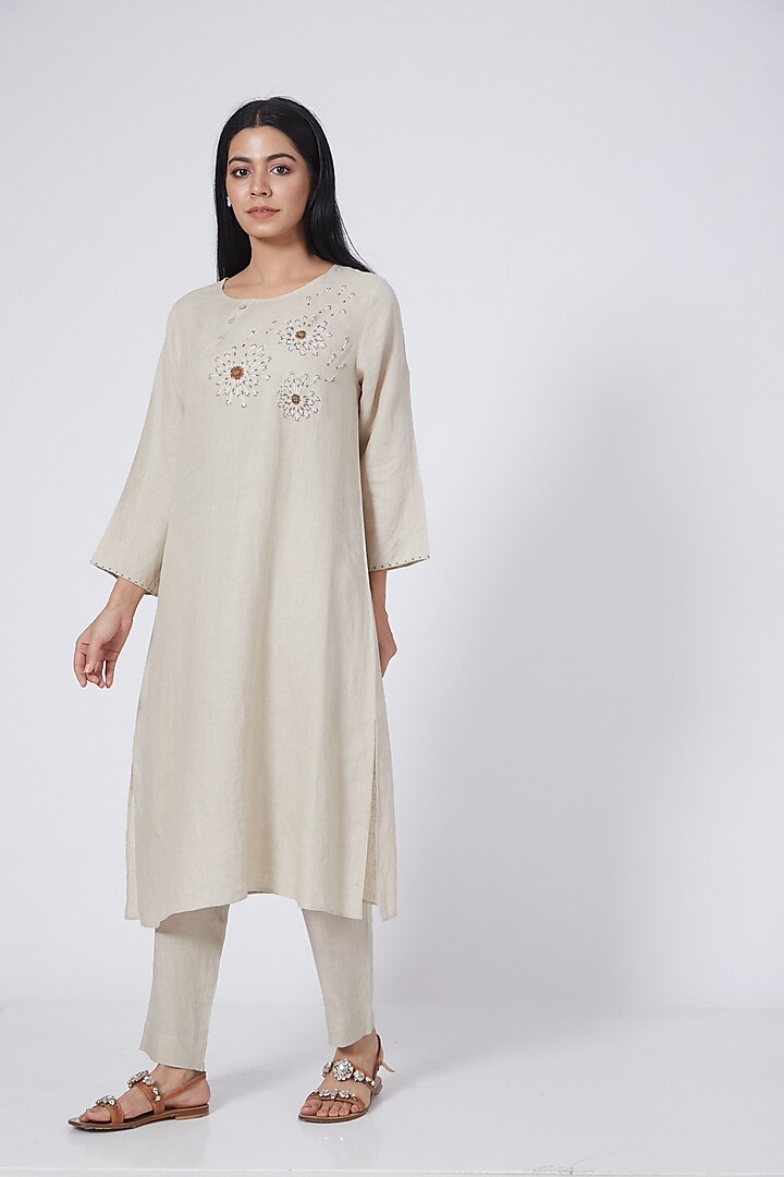Beige Hand Embroidered Long Tunic by Linen Bloom