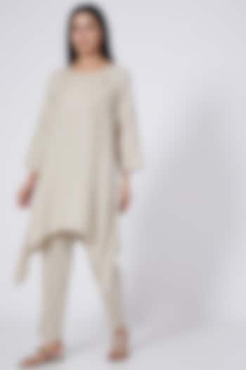 Beige Hand Embroidered Asymmetrical Tunic by Linen Bloom