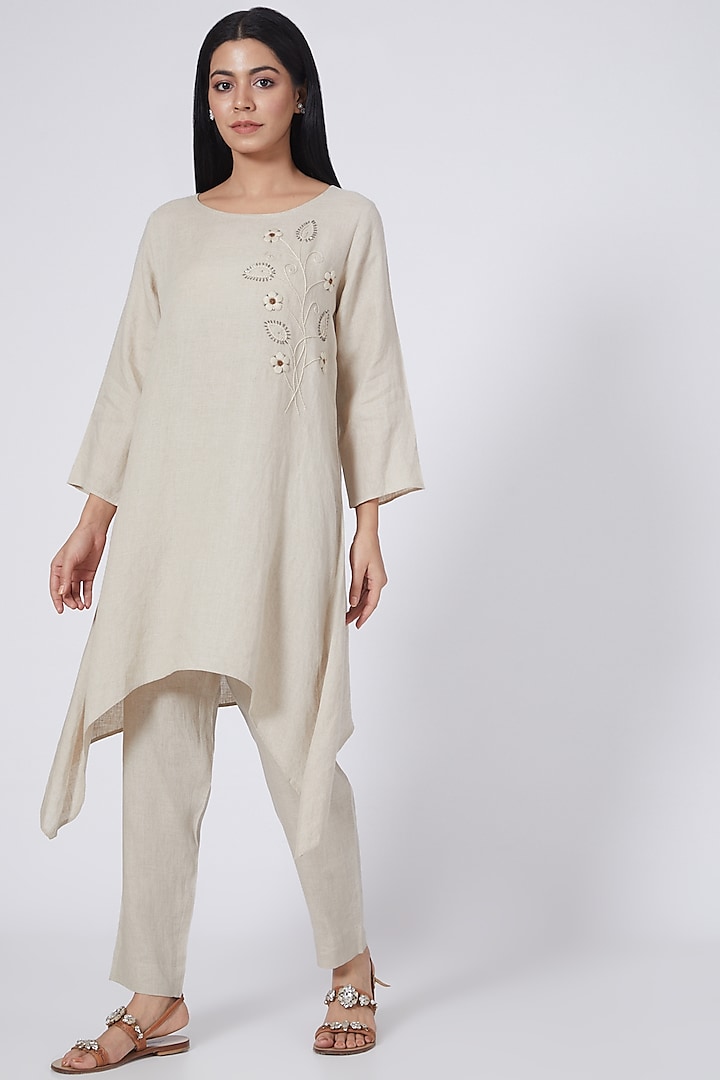 Beige Hand Embroidered Asymmetrical Tunic by Linen Bloom