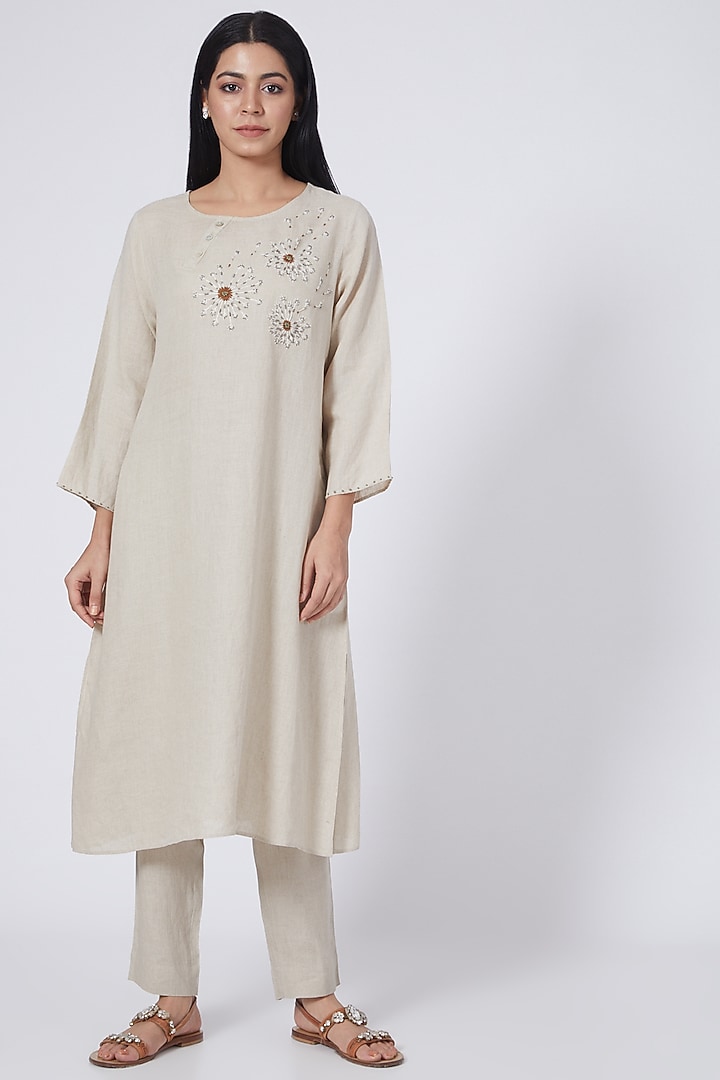 Beige Linen Pencil Pants by Linen Bloom at Pernia's Pop Up Shop