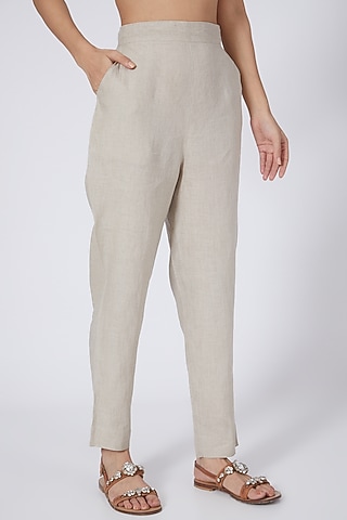 Beige Linen Pencil Pants by Linen Bloom