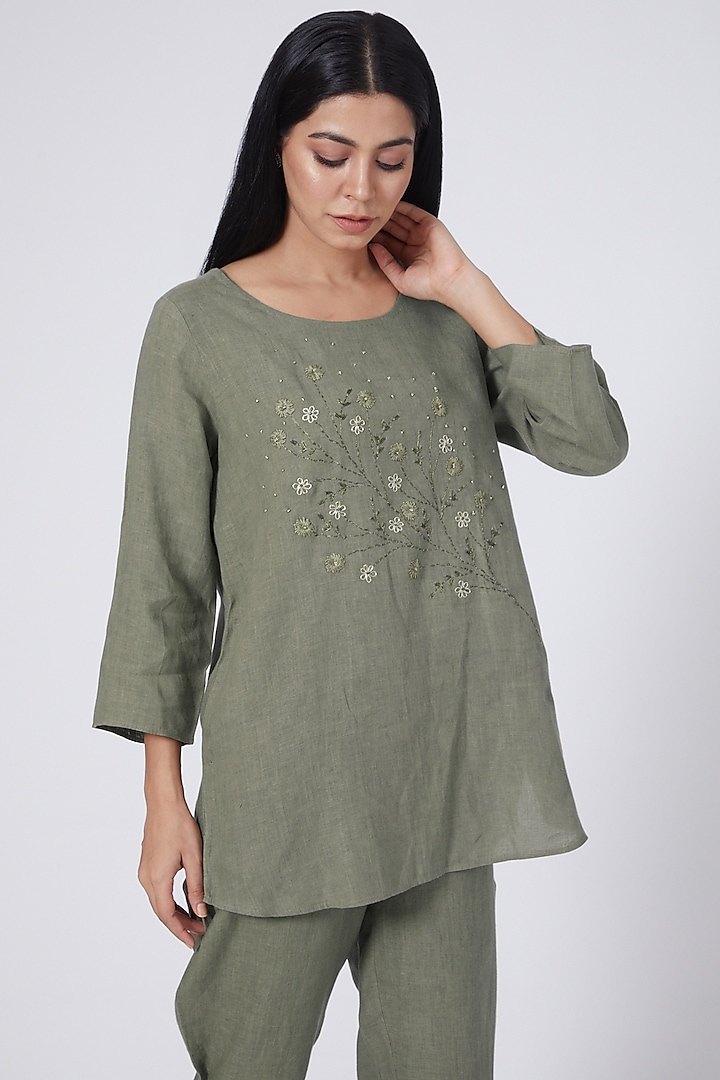 Sage Embroidered Blouse by Linen Bloom