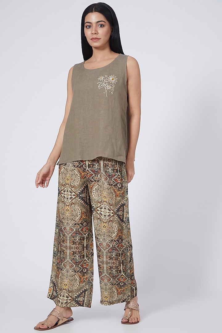 Olive Green Aztec Printed Pants by Linen Bloom at Pernia's Pop Up Shop