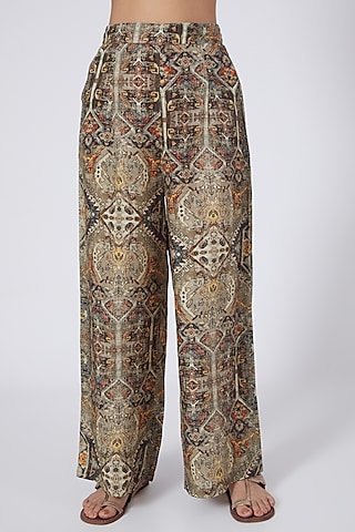 Olive Green Aztec Printed Pants by Linen Bloom