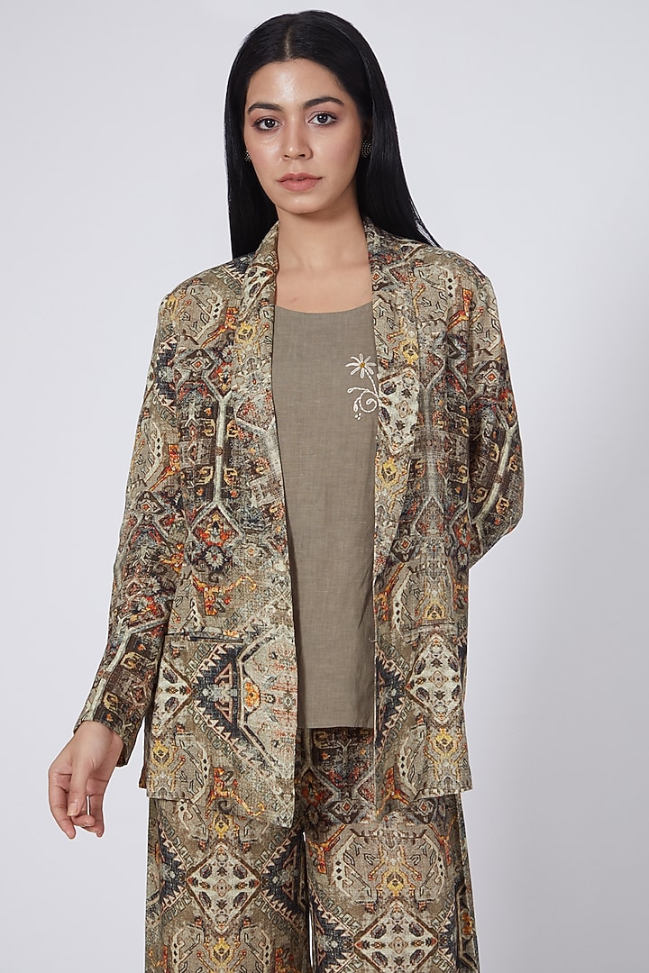 Olive Green Aztec Printed Blazer by Linen Bloom at Pernia's Pop Up Shop