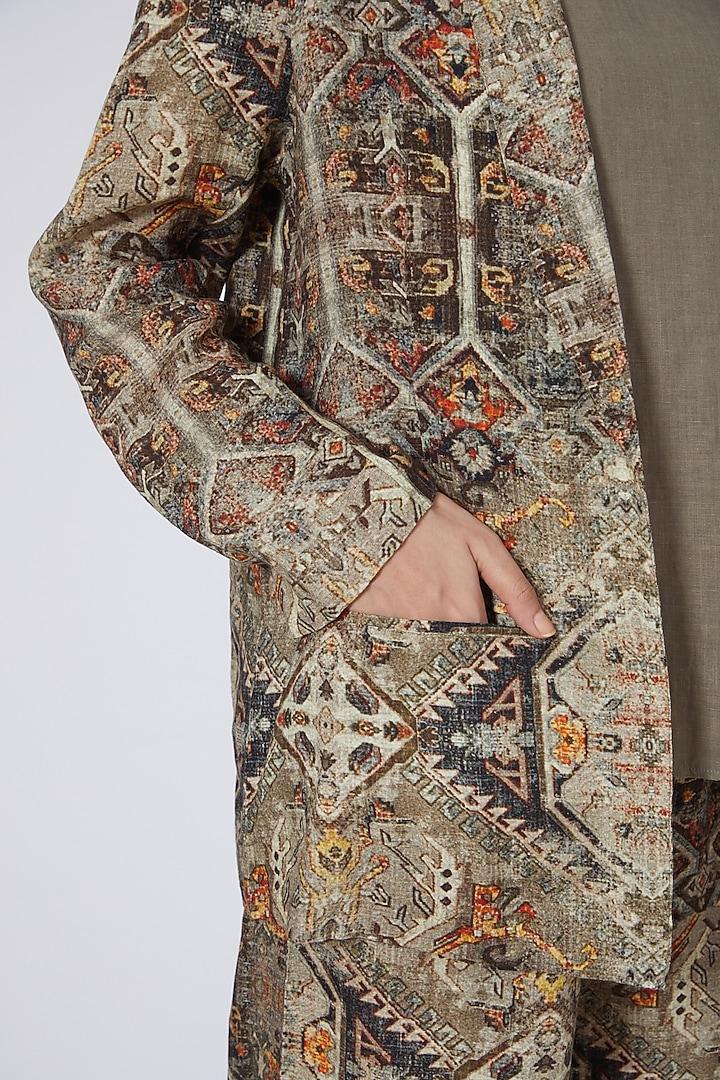 Olive Green Aztec Printed Blazer by Linen Bloom at Pernia's Pop Up Shop