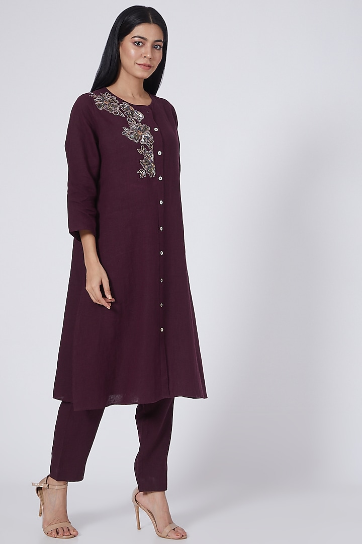Wine Hand Embroidered Tunic by Linen Bloom