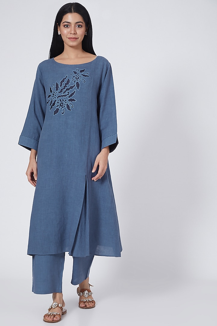 Indigo Applique Embroidered Pleated Tunic by Linen Bloom