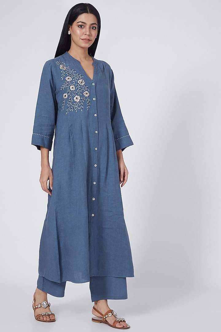 Indigo Hand Embroidered Tunic by Linen Bloom