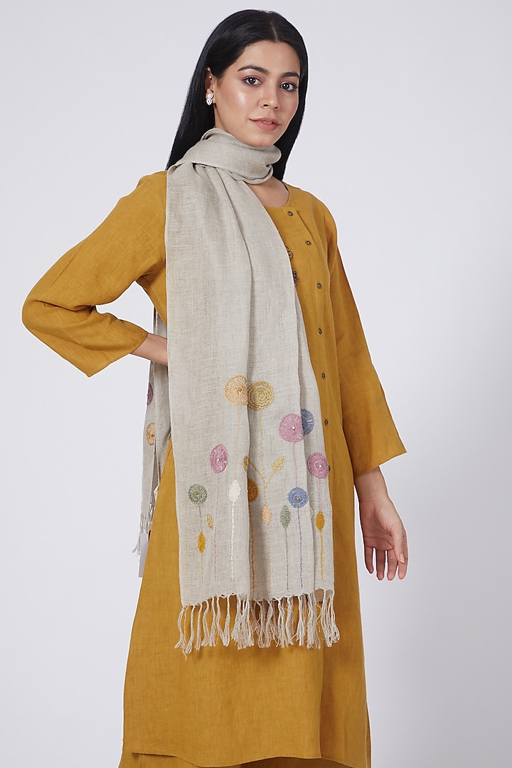 Beige Hand Embroidered Stole by Linen Bloom