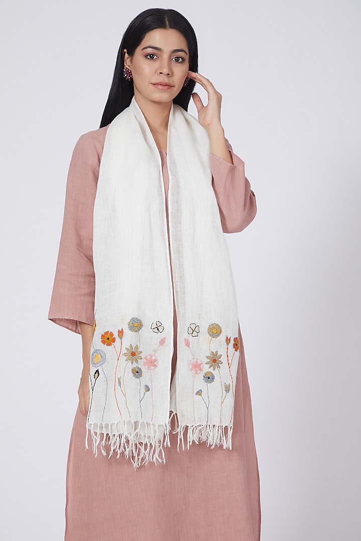 Ivory Hand Embroidered Stole by Linen Bloom