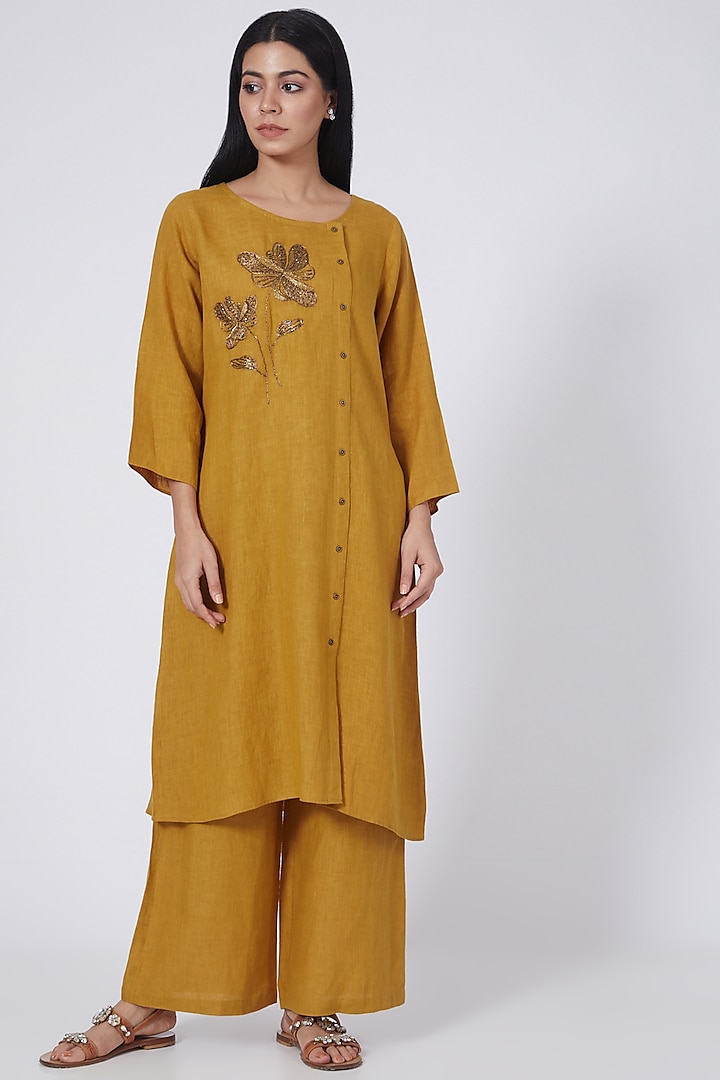 Mustard Hand Embroidered Tunic by Linen Bloom