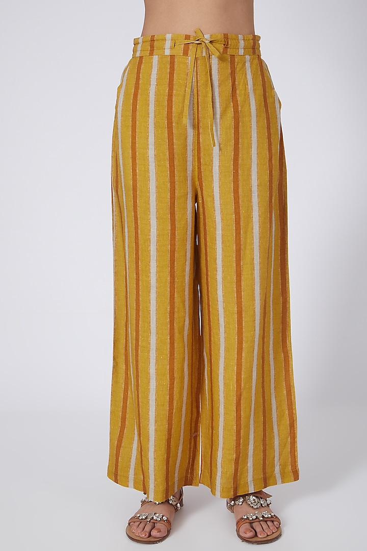 Mustard Stripes Printed Pants by Linen Bloom