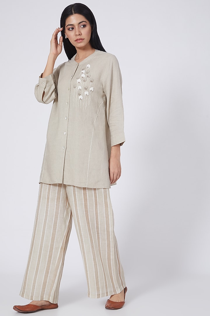 Beige Hand Embroidered Short Tunic by Linen Bloom at Pernia's Pop Up Shop
