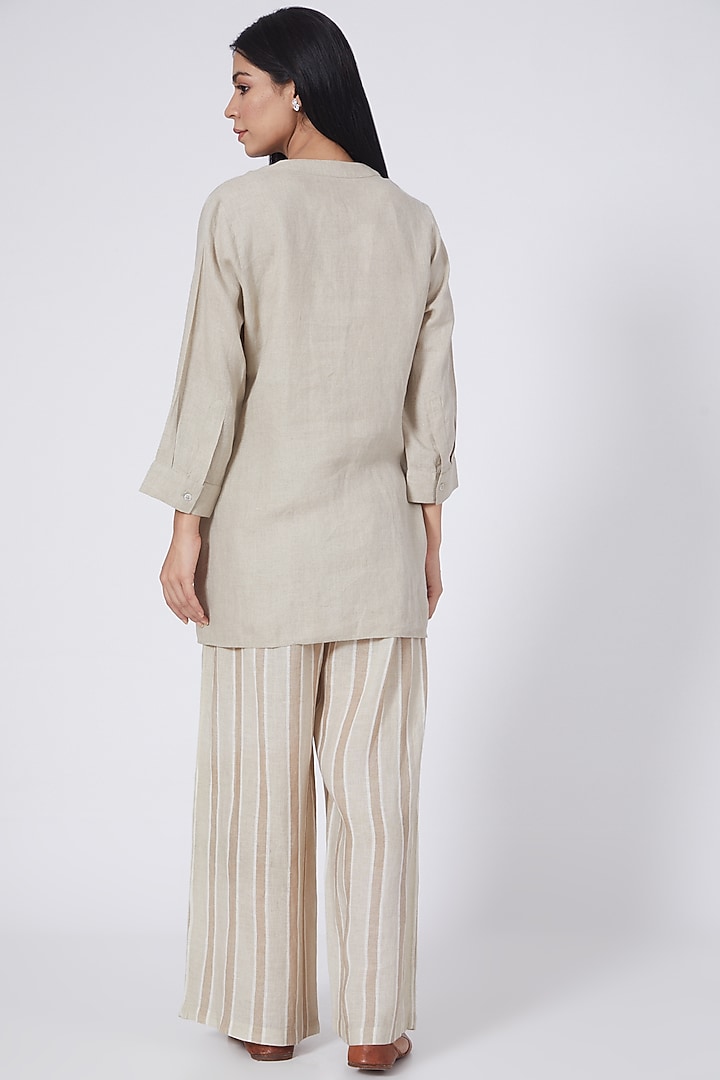 Beige Hand Embroidered Short Tunic by Linen Bloom at Pernia's Pop Up Shop