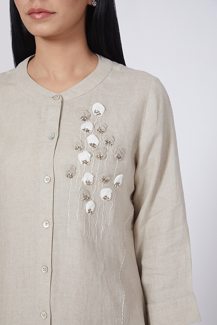Beige Hand Embroidered Short Tunic by Linen Bloom at Pernia's Pop Up Shop