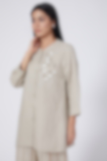 Beige Hand Embroidered Short Tunic by Linen Bloom