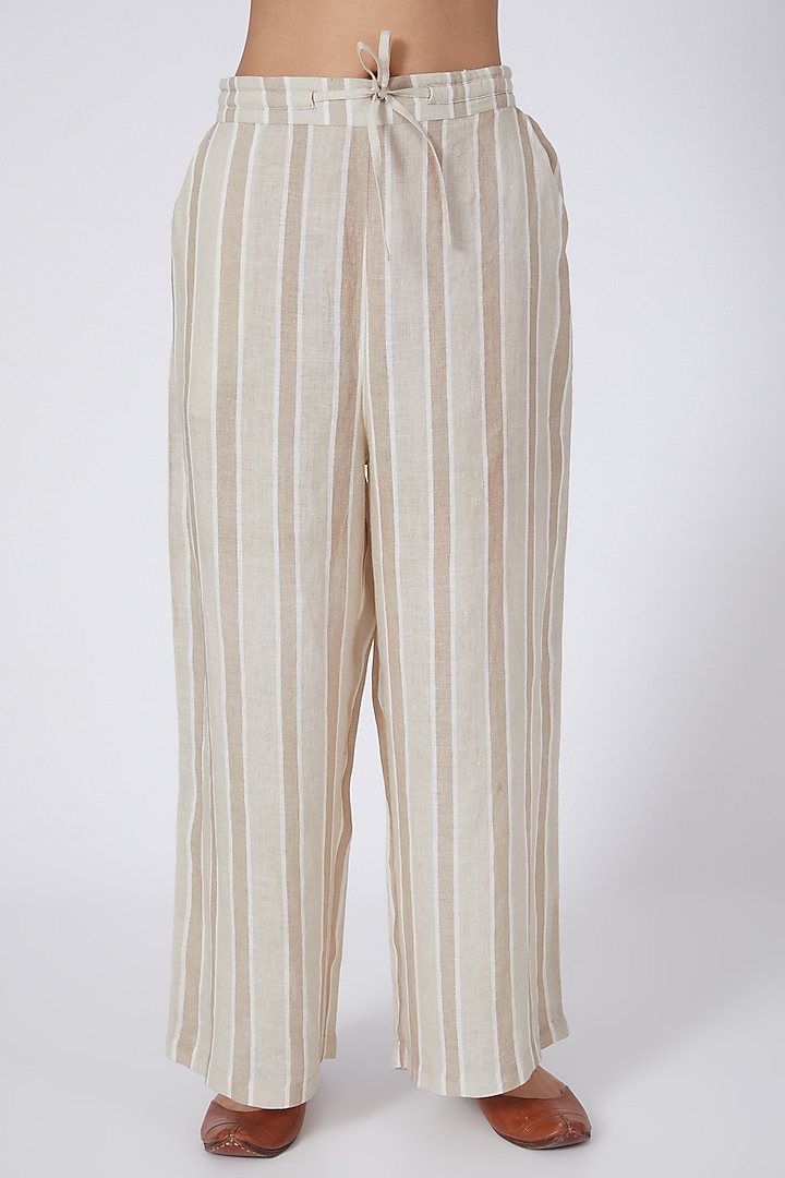 Beige Stripes Printed Pants by Linen Bloom