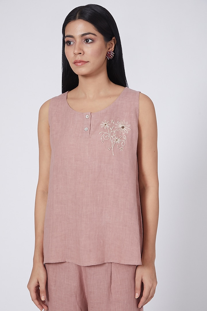 Blush Pink Embroidered Top by Linen Bloom