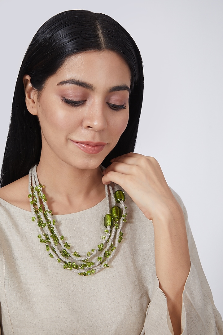 Green Glass Beaded Necklace by Linen Bloom