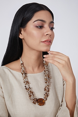 Brown Natural Glass Beaded Necklace by Linen Bloom