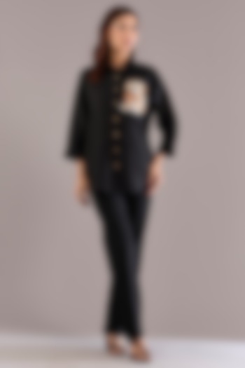 Black Pure Linen Embroidered Shirt by Linen Bloom at Pernia's Pop Up Shop