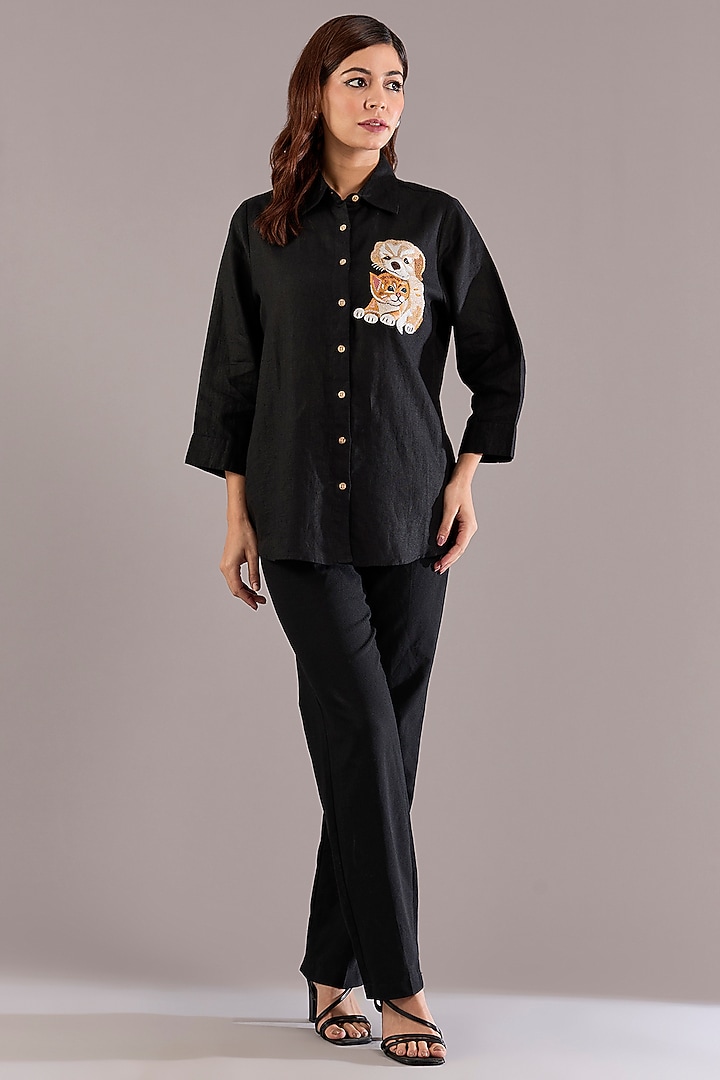 Black Pure Linen Embroidered Shirt by Linen Bloom at Pernia's Pop Up Shop