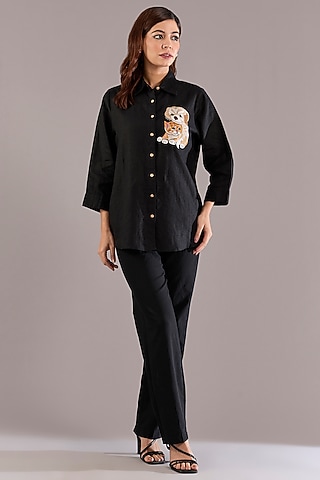 Black Pure Linen Embroidered Shirt by Linen Bloom