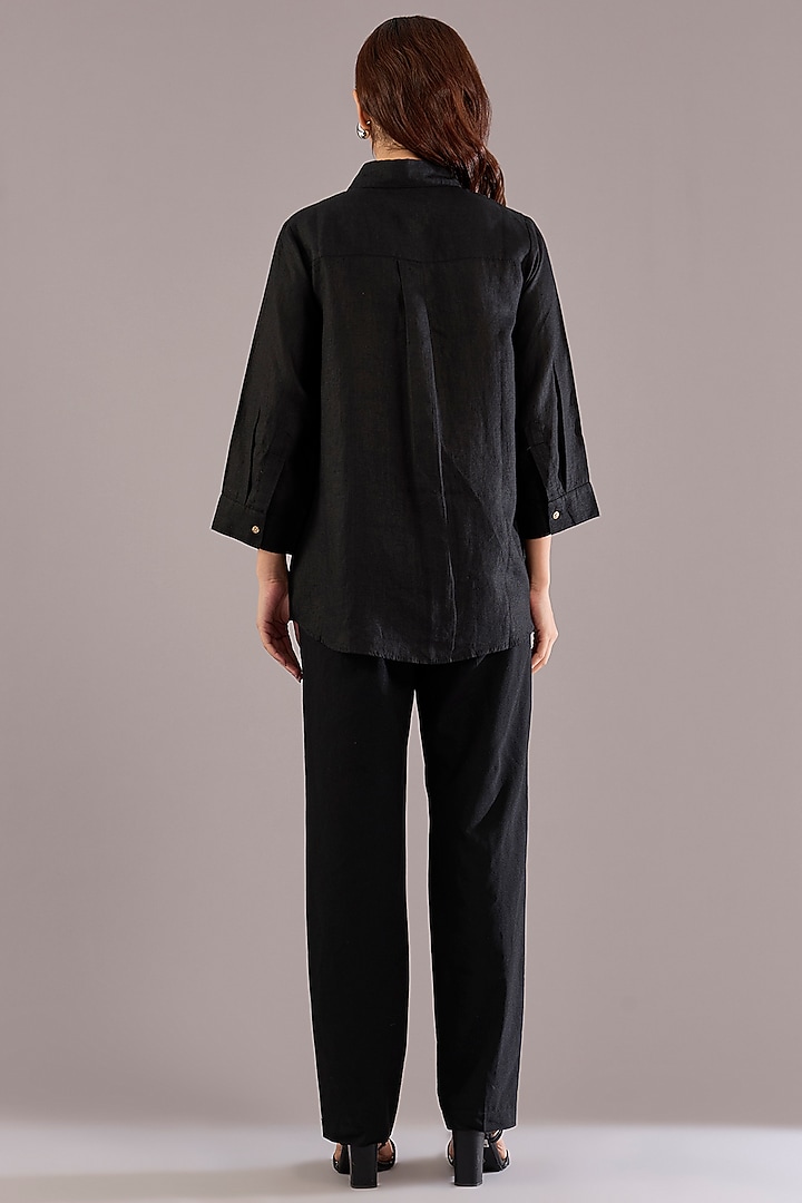Black Pure Linen Embroidered Shirt by Linen Bloom at Pernia's Pop Up Shop