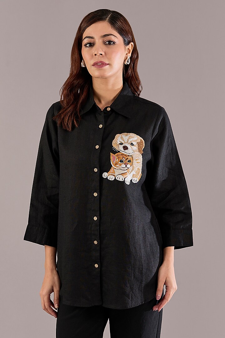 Black Pure Linen Embroidered Shirt by Linen Bloom at Pernia's Pop Up Shop
