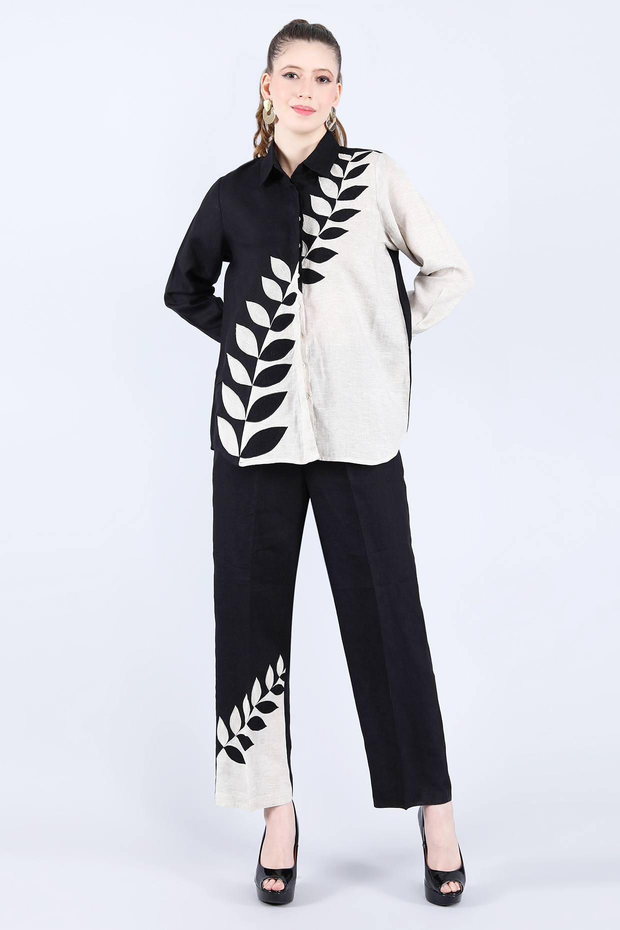 Black & Beige Pure Linen Pant Set by Linen Bloom at Pernia's Pop Up Shop