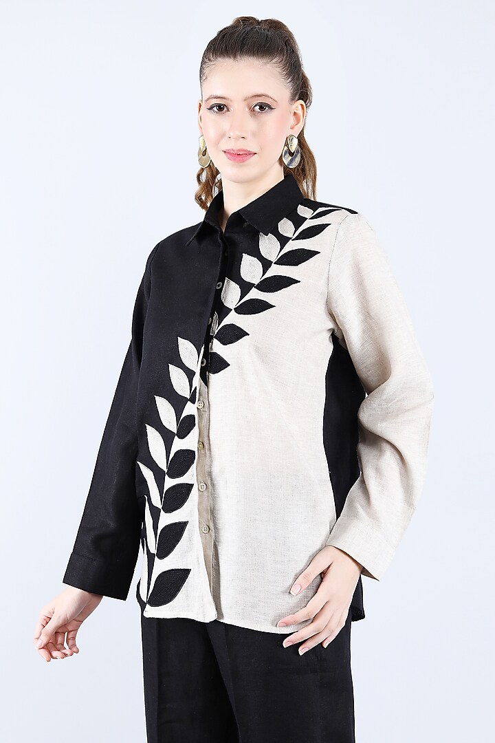 Black & Beige Pure Linen Pant Set by Linen Bloom at Pernia's Pop Up Shop