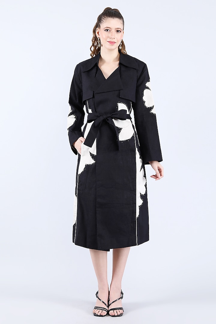 Black Pure Linen Applique Work Trench Coat by Linen Bloom at Pernia's Pop Up Shop