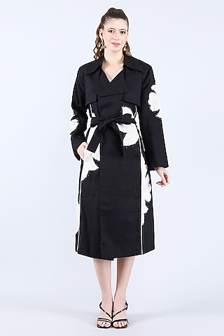 Black Pure Linen Applique Work Trench Coat by Linen Bloom