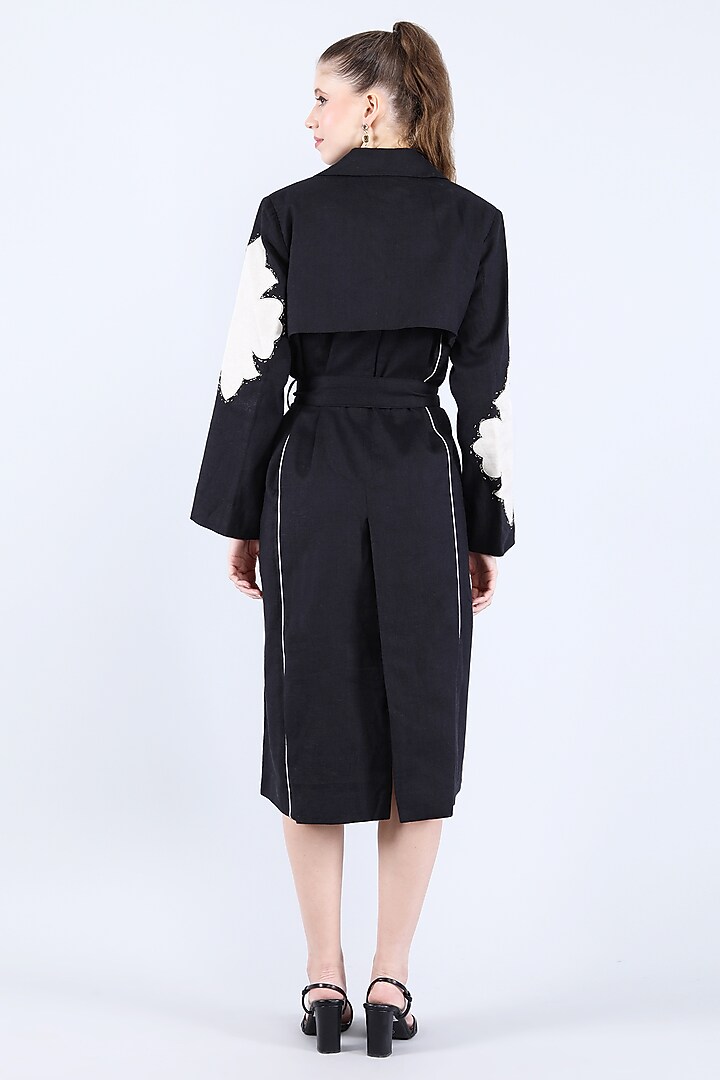Black Pure Linen Applique Work Trench Coat by Linen Bloom at Pernia's Pop Up Shop