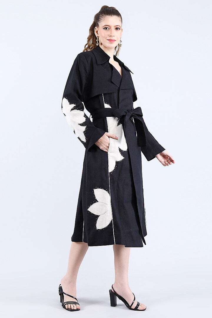 Black Pure Linen Applique Work Trench Coat by Linen Bloom at Pernia's Pop Up Shop