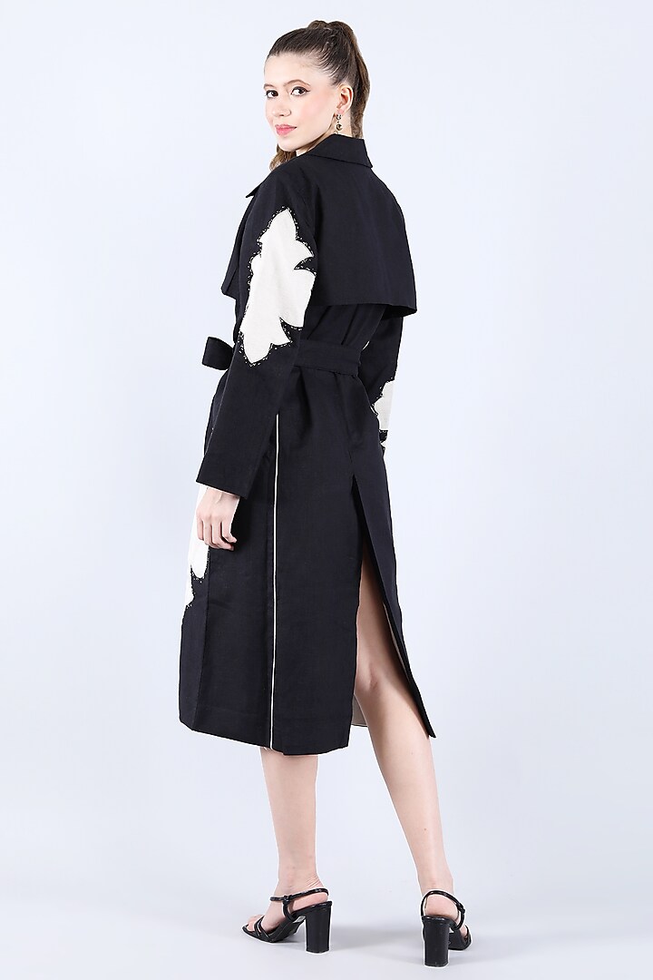 Black Pure Linen Applique Work Trench Coat by Linen Bloom at Pernia's Pop Up Shop