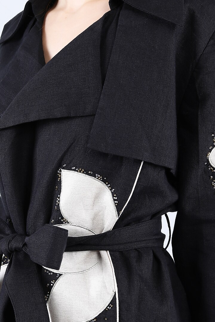 Black Pure Linen Applique Work Trench Coat by Linen Bloom at Pernia's Pop Up Shop
