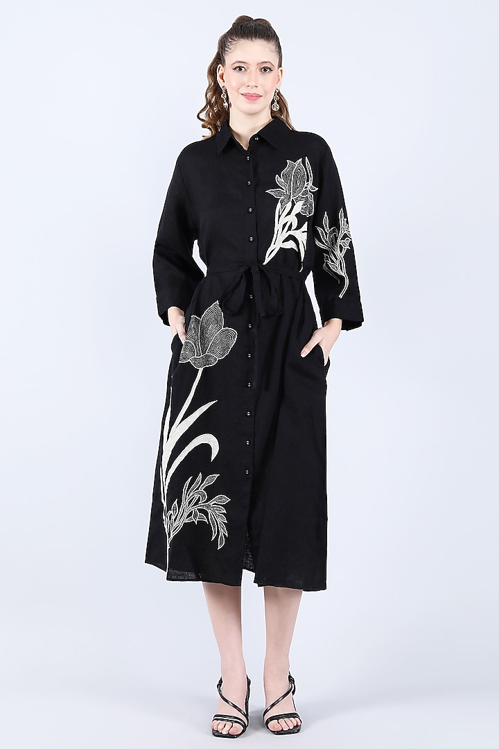 Black Pure Linen Applique Work Dress by Linen Bloom at Pernia's Pop Up Shop