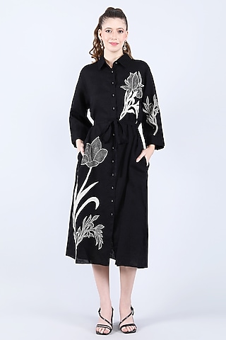 Black Pure Linen Applique Work Dress by Linen Bloom