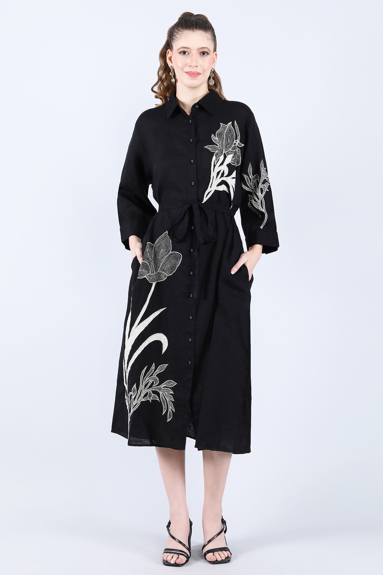 Pernia's Pop Up Shop - Linen Bloom Women Black Pure Linen Applique Work Dress